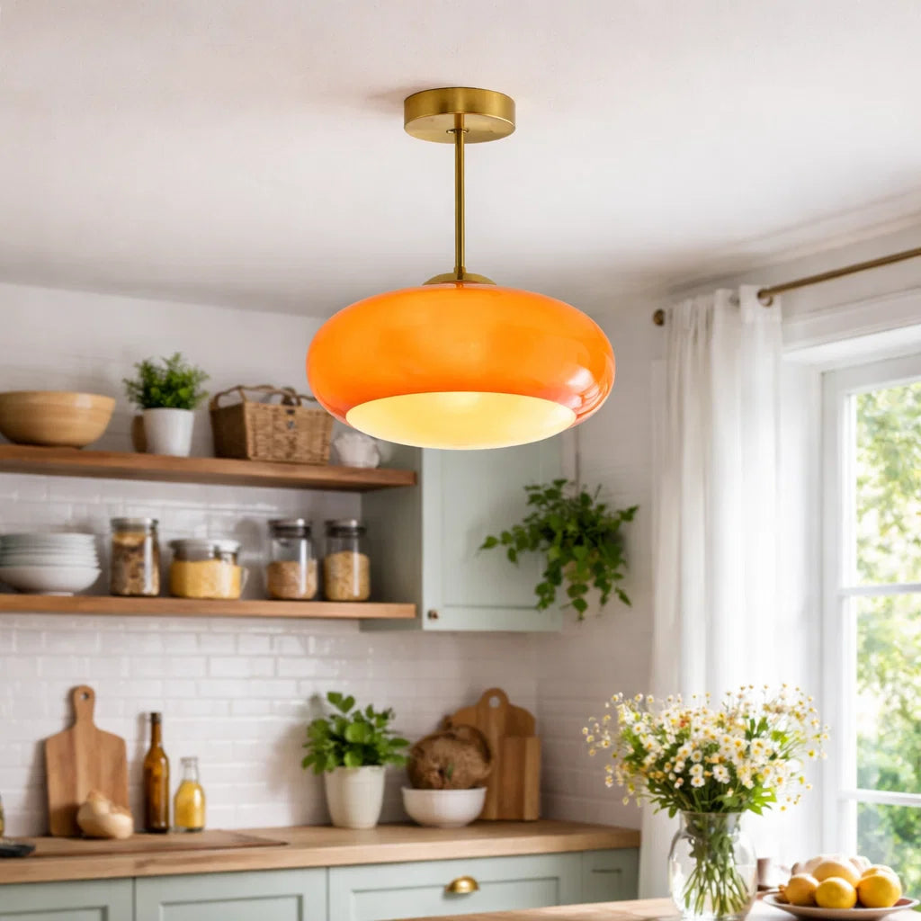 Vintage Brass & Yellow Glass Ceiling Light | Semi-Flush Mount | 28cm | E26
