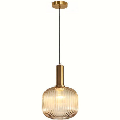 Modern Striped Glass Pendant Light | Brass & Ribbed Glass Shade