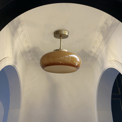 Vintage Brass Yellow Glass Ceiling Light | Semi-Flush Mount