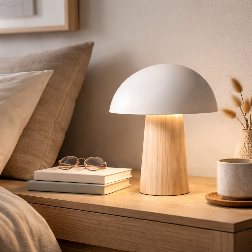 Capella Mushroom Table Lamp Timber Base | 15 Inch Height | Black White