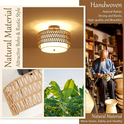 Boho Rattan Ceiling Light | Semi-Flush Mount with Linen Shade