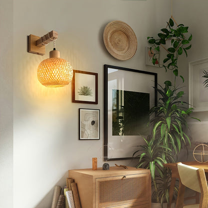 Rustic Wooden Wall Sconce | Handwoven Rattan & Wood Light Fixture