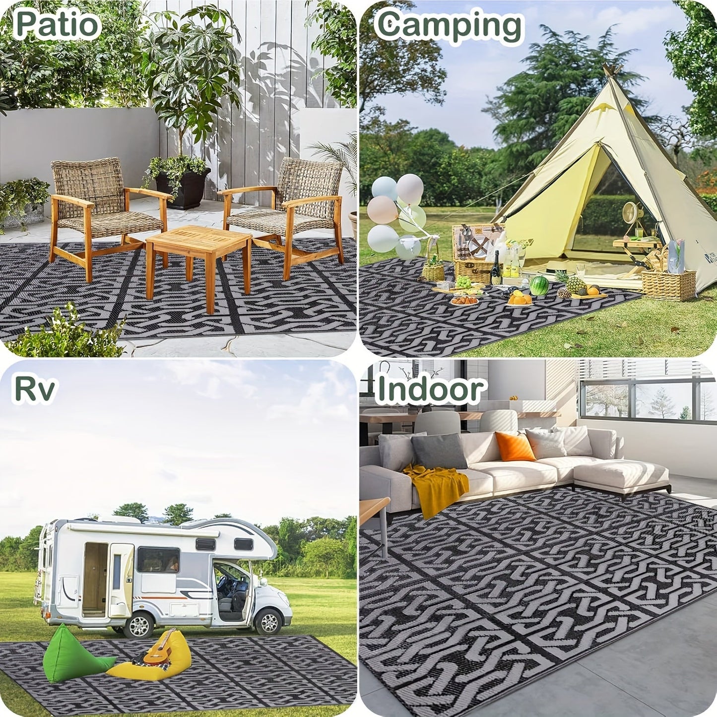 Reversible Outdoor Rug | Black & Grey Modern Patio Mat