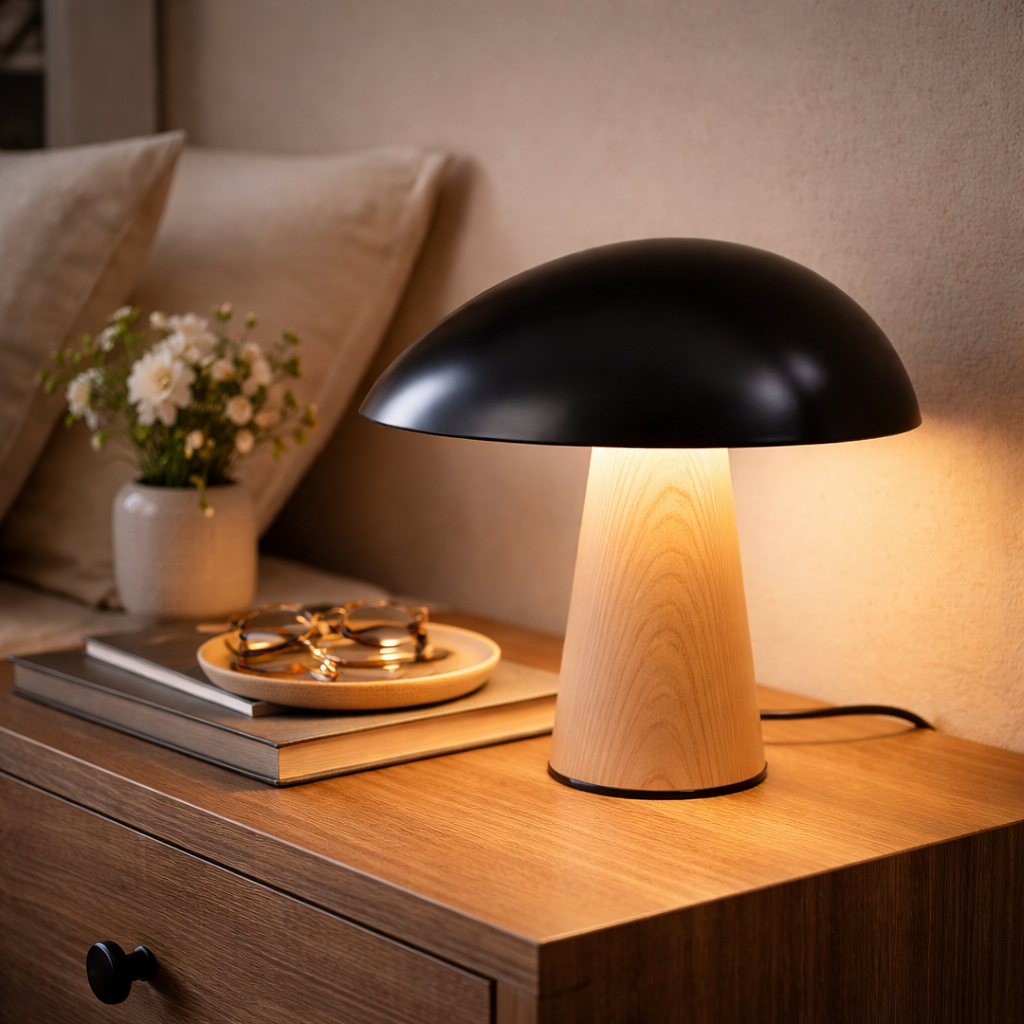 Capella Mushroom Table Lamp Timber Base | 15 Inch Height | Black White