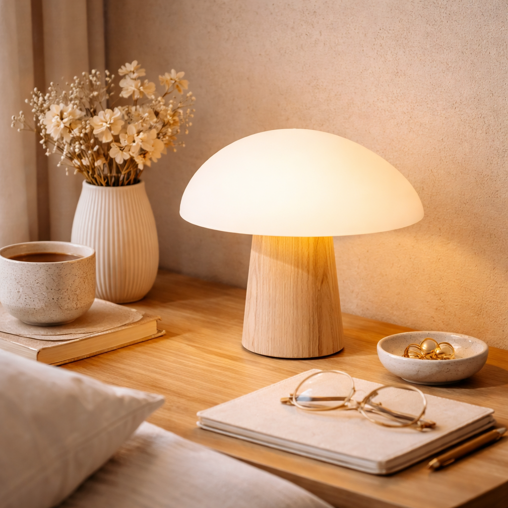Capella Mushroom Table Lamp Timber Base | 15 Inch Height | Black White