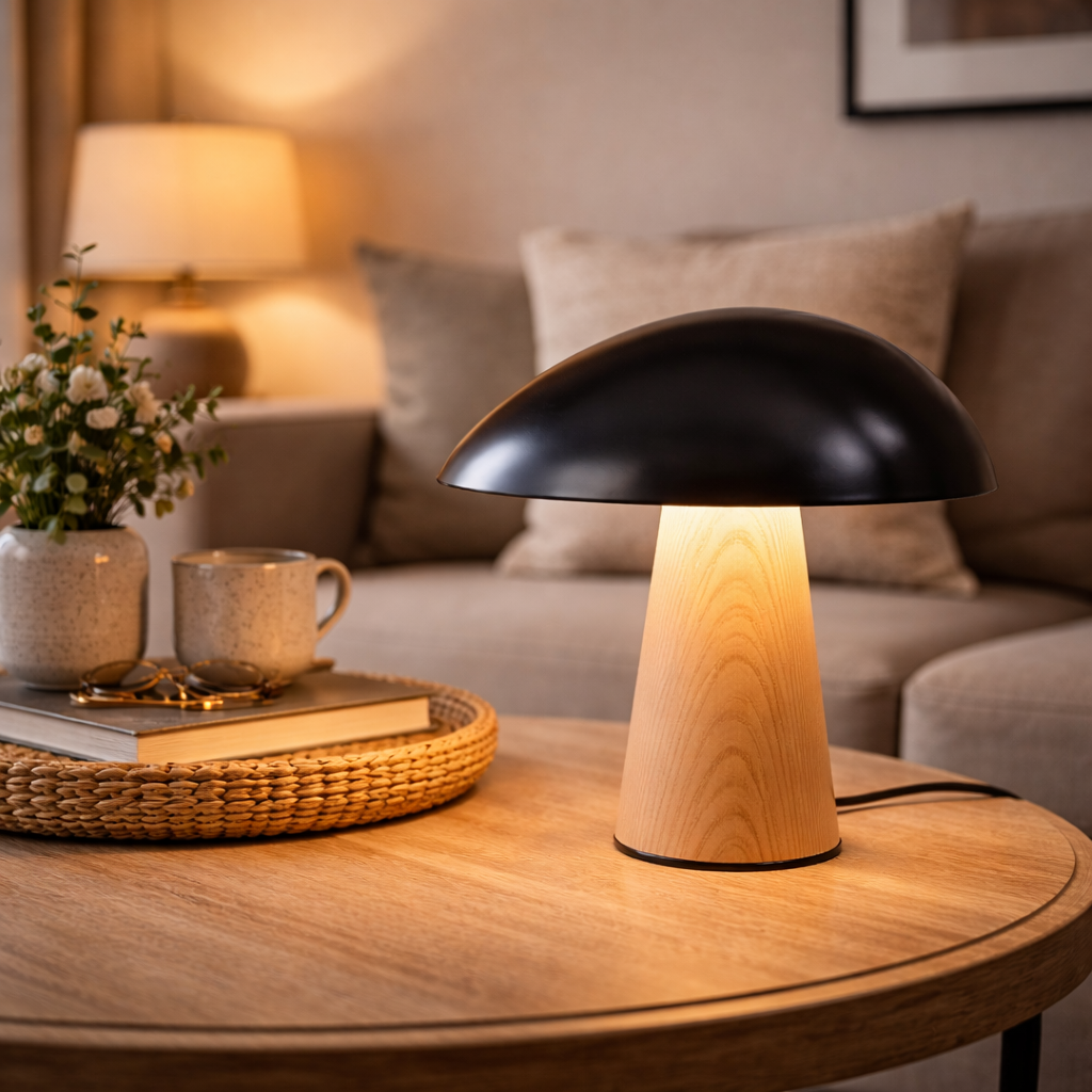 Capella Mushroom Table Lamp Timber Base | 15 Inch Height | Black White