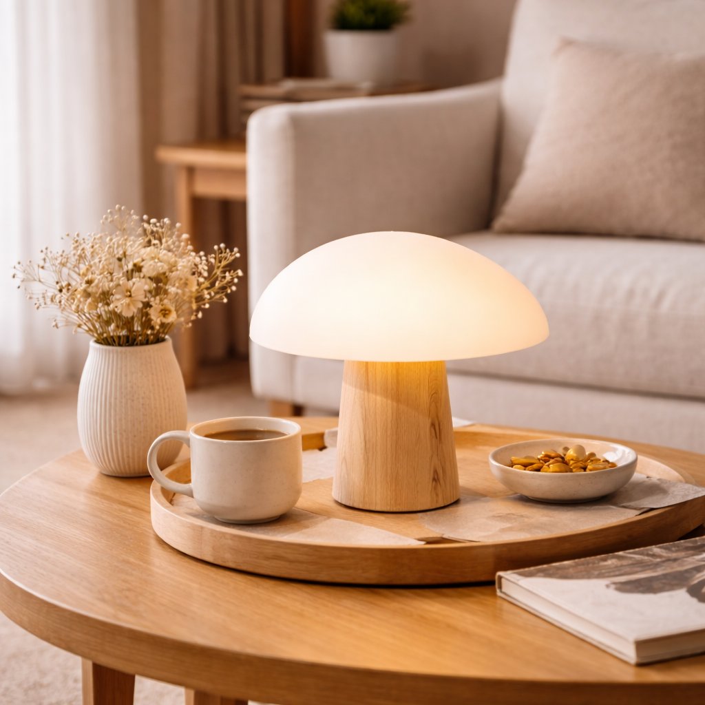 Capella Mushroom Table Lamp Timber Base | 15 Inch Height | Black White