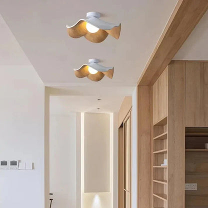 Scandinavian Wooden Lotus Ceiling Light | Resin & Iron Modern Flush Lamp