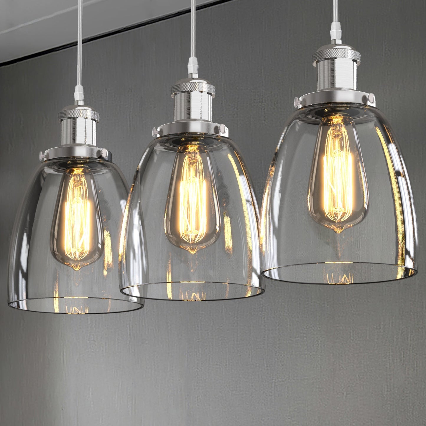 3 Pack Clear Glass Pendant Light Set | 2m Cord | 3000K Warm Natural White