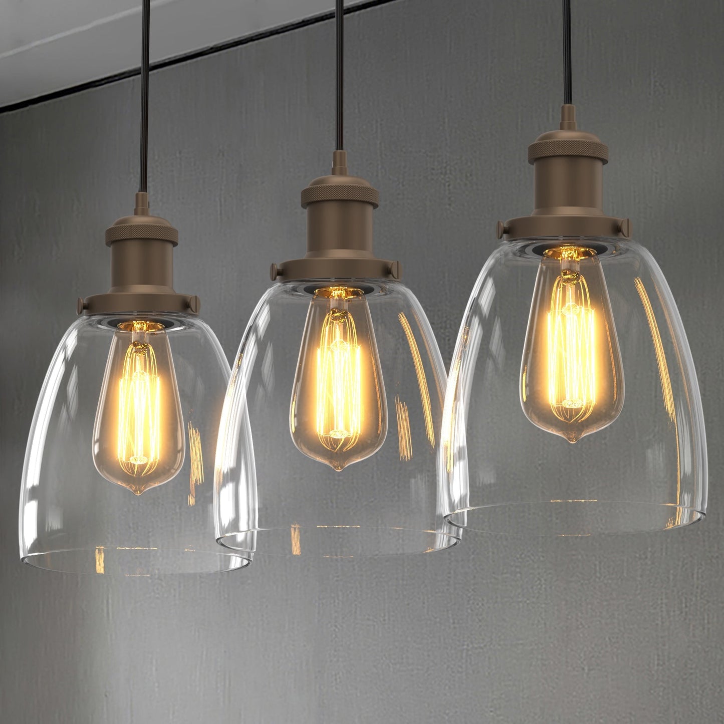 3 Pack Clear Glass Pendant Light Set | 2m Cord | 3000K Warm Natural White