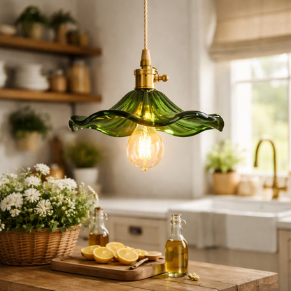 Pendant Light Hibiscus Floral Glass & Brass - E27 Base 220-240V Sculptural Design