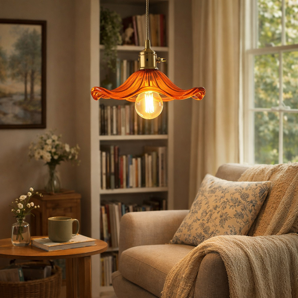 Pendant Light Hibiscus Floral Glass & Brass - E27 Base 220-240V Sculptural Design