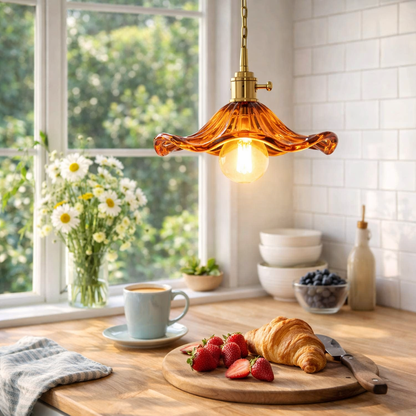 Pendant Light Hibiscus Floral Glass & Brass - E27 Base 220-240V Sculptural Design