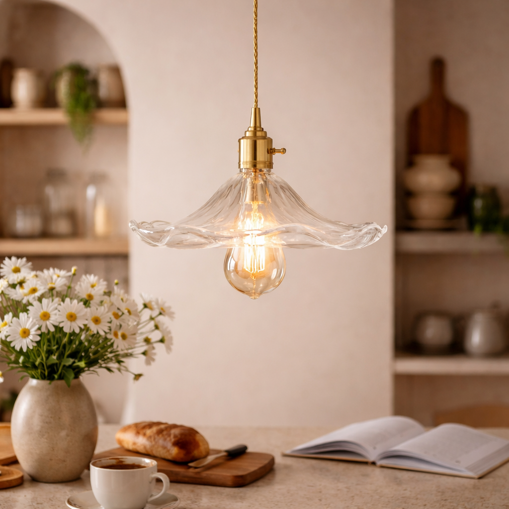 Pendant Light Hibiscus Floral Glass & Brass - E27 Base 220-240V Sculptural Design