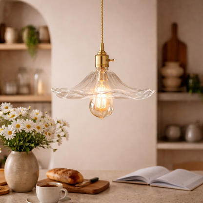 Pendant Light Hibiscus Floral Glass & Brass - E27 Base 220-240V Sculptural Design