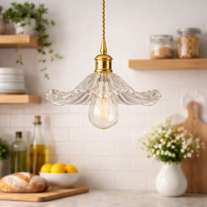 Pendant Light Hibiscus Floral Glass & Brass - E27 Base 220-240V Sculptural Design