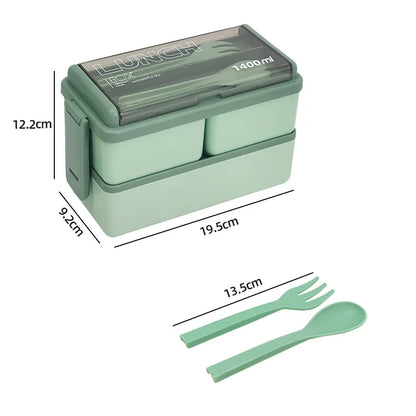 1400ml Double Layer Bento Box | Portable Lunch Box with Fork & Spoon – Microwave Safe Food Storage for Kids & Adults