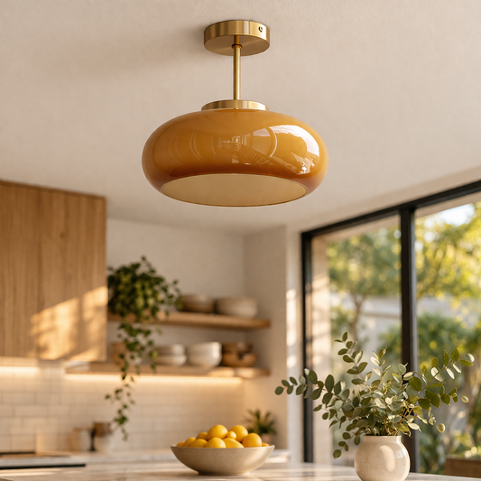 Vintage Brass & Yellow Glass Ceiling Light | Semi-Flush Mount | 28cm | E26