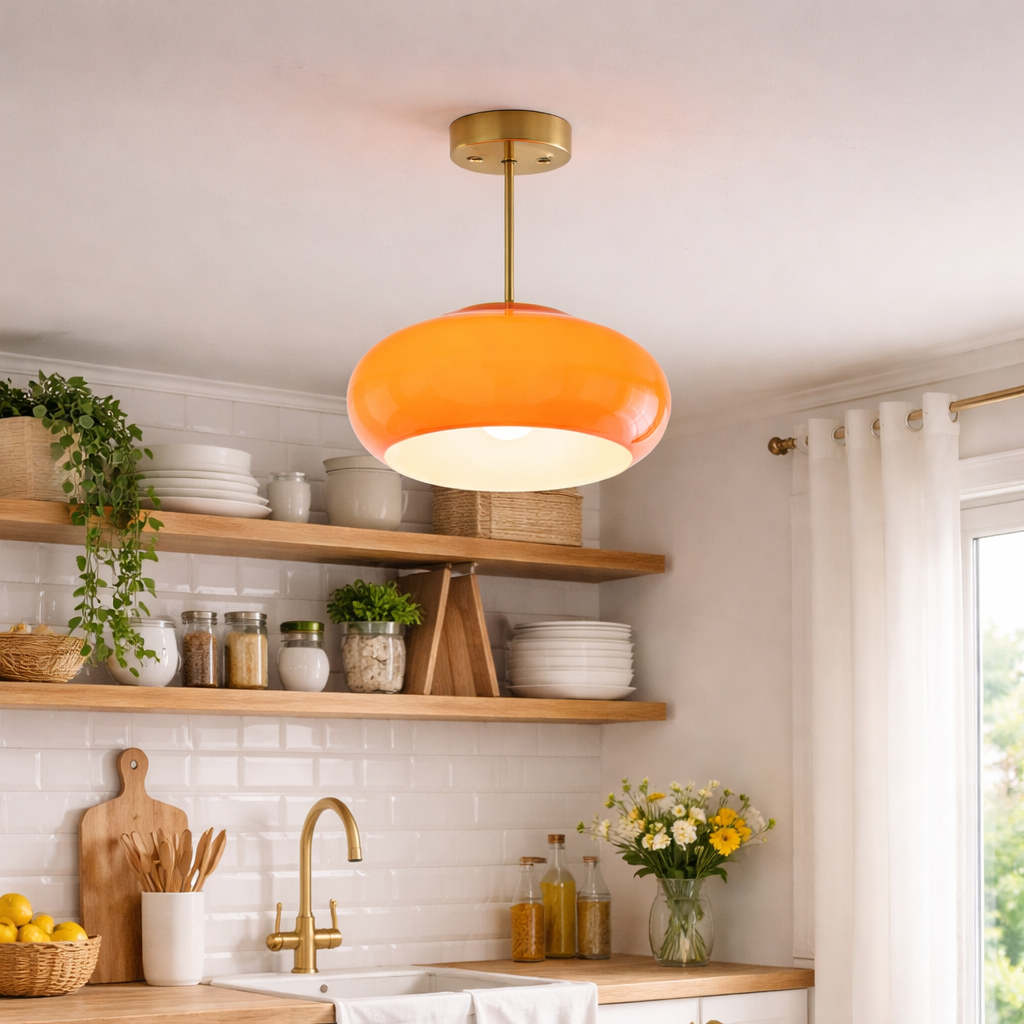 Vintage Brass & Yellow Glass Ceiling Light | Semi-Flush Mount | 28cm | E26