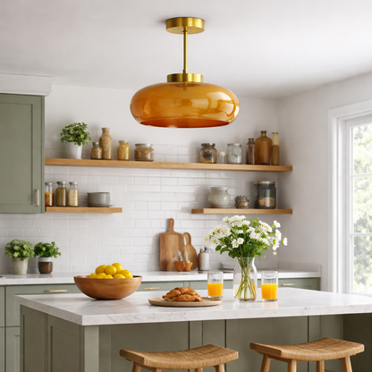 Vintage Brass & Yellow Glass Ceiling Light | Semi-Flush Mount | 28cm | E26