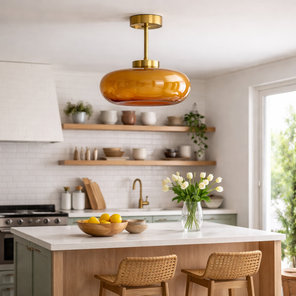 Vintage Brass & Yellow Glass Ceiling Light | Semi-Flush Mount | 28cm | E26