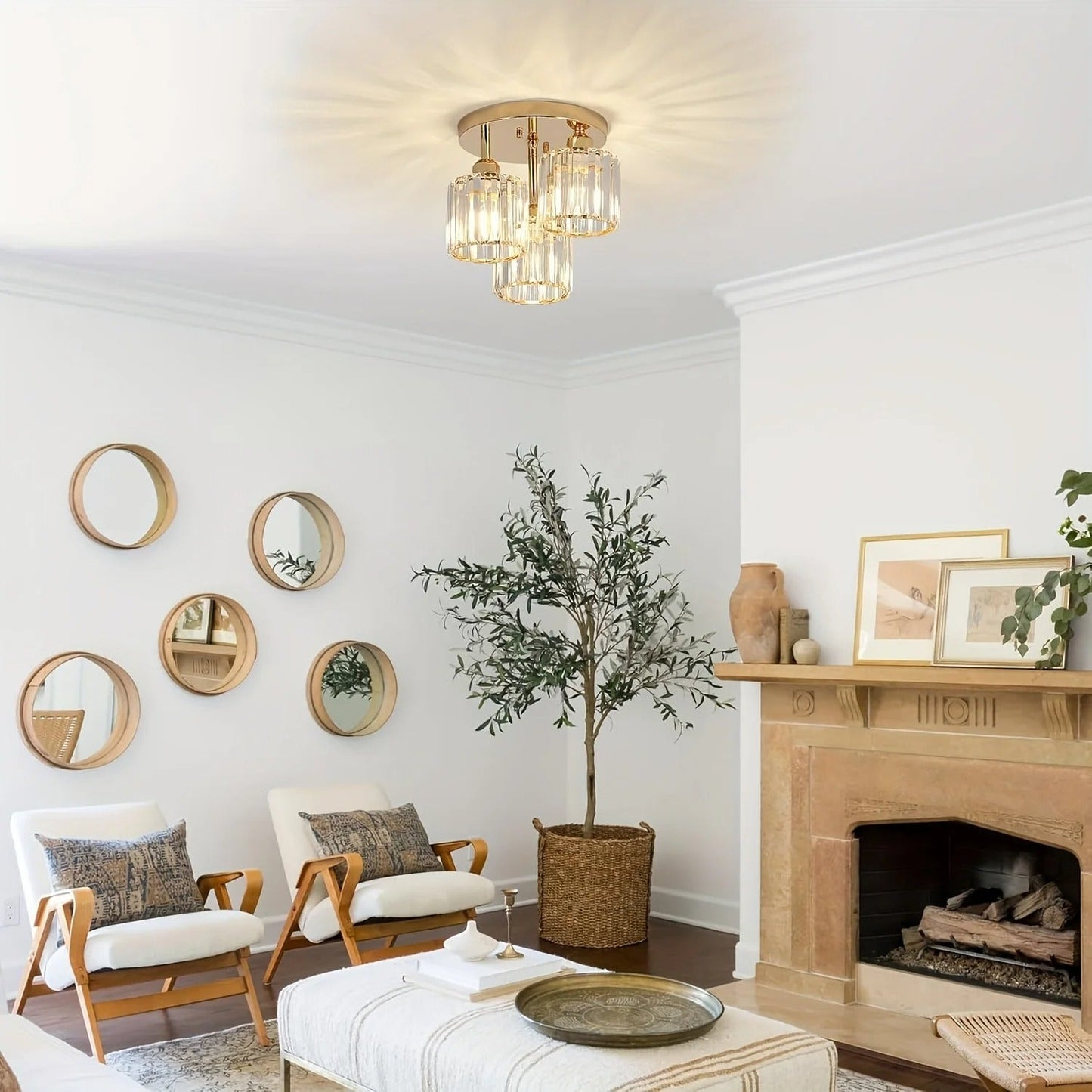 Modern Gold Luxury Crystal Ceiling Light | 3-Light Semi Flush Mount