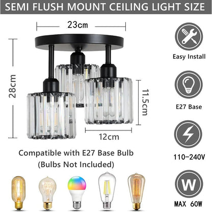 Modern Gold Luxury Crystal Ceiling Light | 3-Light Semi Flush Mount